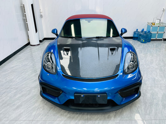 Porsche 981 Cayman & Boxster (all models, including Base / S / GTS / GT4 / Spyder) 2012 2013 2014 2015 2016 with Aftermarket Parts – GT4RS Conversion Style Front Bumper & Trims (with & without GT4RS Logo) PP Polypropylene / Dry Pre-preg Carbon Fiber from Dupont Tech