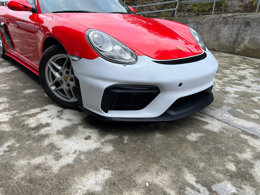 Porsche 987.1 987.2 Cayman & Boxster (all models, including Base / S / R) 2005 2006 2007 2008 2009 2010 2011 2012 with Aftermarket Parts – GT4 Conversion Style Front Bumper & Trims PP Polypropylene / Dry Pre-preg Carbon Fiber from Dupont Tech