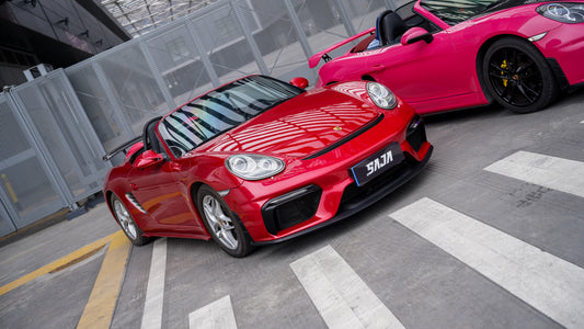 Porsche 987.1 987.2 Cayman & Boxster (all models, including Base / S / R) 2005 2006 2007 2008 2009 2010 2011 2012 with Aftermarket Parts – GT4 Conversion Style Front Bumper & Trims PP Polypropylene / Dry Pre-preg Carbon Fiber from Dupont Tech