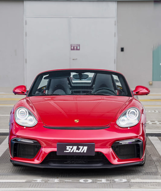 Porsche 987.1 987.2 Cayman & Boxster (all models, including Base / S / R) 2005 2006 2007 2008 2009 2010 2011 2012 with Aftermarket Parts – GT4 Conversion Style Front Bumper & Trims PP Polypropylene / Dry Pre-preg Carbon Fiber from Dupont Tech