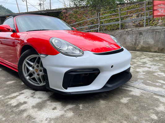 Porsche 987.1 987.2 Cayman & Boxster (all models, including Base / S / R) 2005 2006 2007 2008 2009 2010 2011 2012 with Aftermarket Parts – GT4 Conversion Style Front Bumper & Trims PP Polypropylene / Dry Pre-preg Carbon Fiber from Dupont Tech