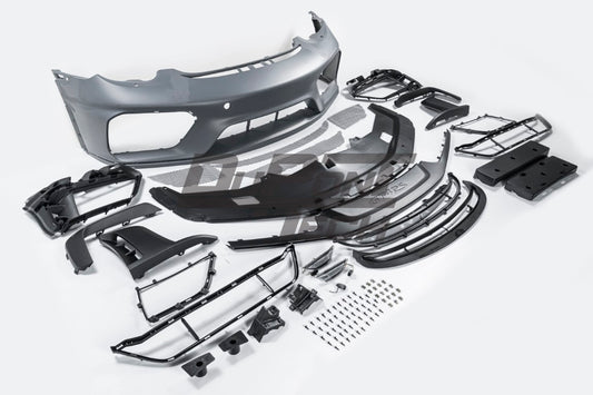 Porsche 987.1 987.2 Cayman & Boxster (all models, including Base / S / R) 2005 2006 2007 2008 2009 2010 2011 2012 with Aftermarket Parts – GT4RS Conversion Style Front Bumper & Trims PP Polypropylene / Dry Pre-preg Carbon Fiber from Dupont Tech