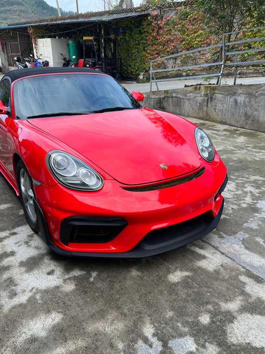 Porsche 987.1 987.2 Cayman & Boxster (all models, including Base / S / R) 2005 2006 2007 2008 2009 2010 2011 2012 with Aftermarket Parts – GT4RS Conversion Style Front Bumper & Trims PP Polypropylene / Dry Pre-preg Carbon Fiber from Dupont Tech