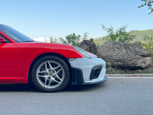 Porsche 987.1 987.2 Cayman & Boxster (all models, including Base / S / R) 2005 2006 2007 2008 2009 2010 2011 2012 with Aftermarket Parts – Spyder Conversion Style Front Bumper & Trims PP Polypropylene / Dry Pre-preg Carbon Fiber from Dupont Tech