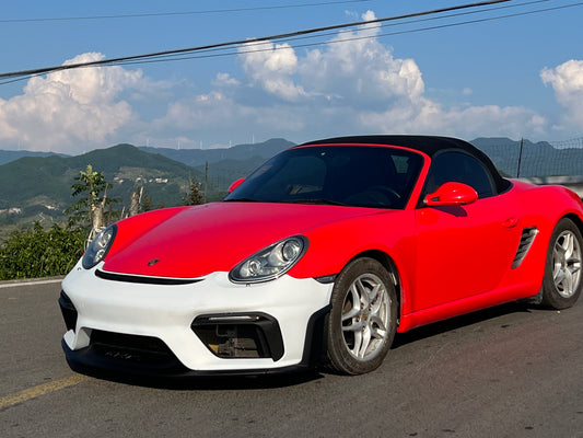 Porsche 987.1 987.2 Cayman & Boxster (all models, including Base / S / R) 2005 2006 2007 2008 2009 2010 2011 2012 with Aftermarket Parts – Spyder Conversion Style Front Bumper & Trims PP Polypropylene / Dry Pre-preg Carbon Fiber from Dupont Tech