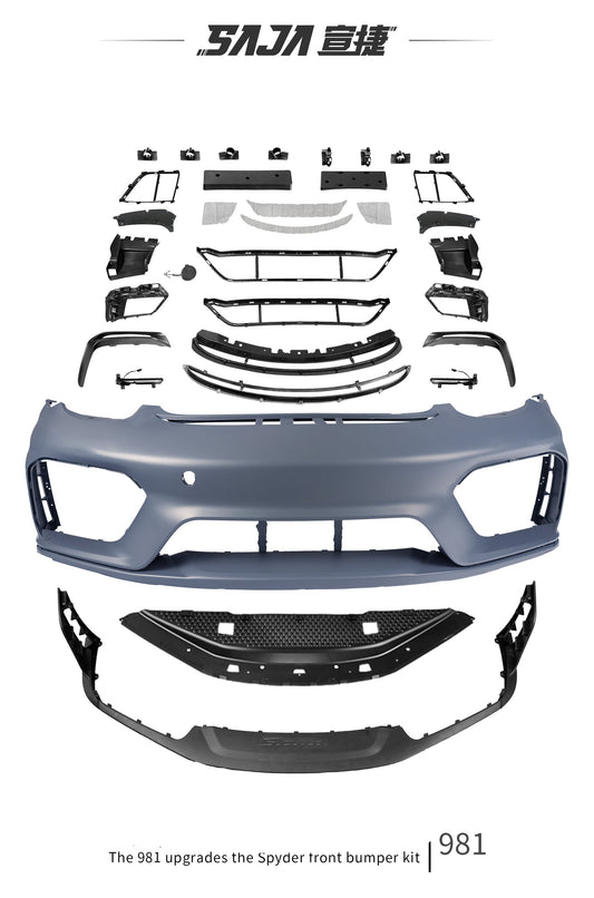 Porsche 981 Cayman & Boxster (all models, including Base / S / GTS / GT4 / Spyder) 2012 2013 2014 2015 2016 with Aftermarket Parts – GT4RS Conversion Style Front Bumper & Trims (with & without Spyder Logo) PP Polypropylene / Dry Pre-preg Carbon Fiber from Dupont Tech