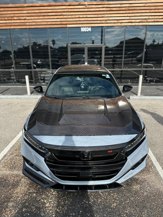 Honda Accord 10th Gen 2018-2022 with Aftermarket Parts - V2 Vented Style Hood Bonnet Carbon Fiber / FRP from CMST Tuning
