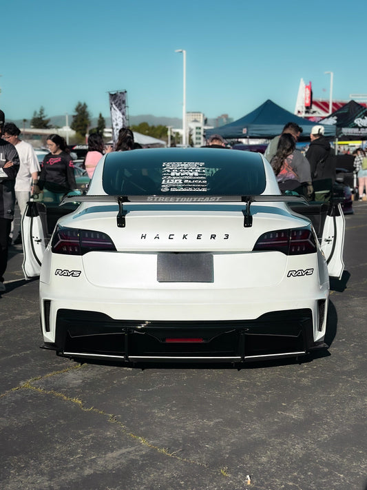 Tesla Model 3 Performance Long Range Standard Base 2017 2018 2019 2020 2021 2022 2023 with Aftermarket Parts - "HACKER" Rear Bumper & Diffuser Carbon Fiber / FRP from Robot Craftsman