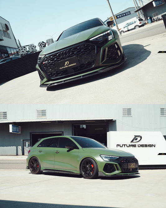 Audi RS3 8Y 2022 2023 2024 with Aftermarket Parts - V1 Front Lip Splitter Pre-preg Carbon Fiber from Future Design