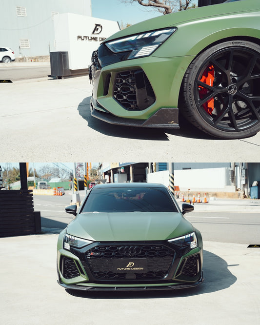 Audi RS3 8Y 2022 2023 2024 with Aftermarket Parts - V1 Front Lip Splitter Pre-preg Carbon Fiber from Future Design