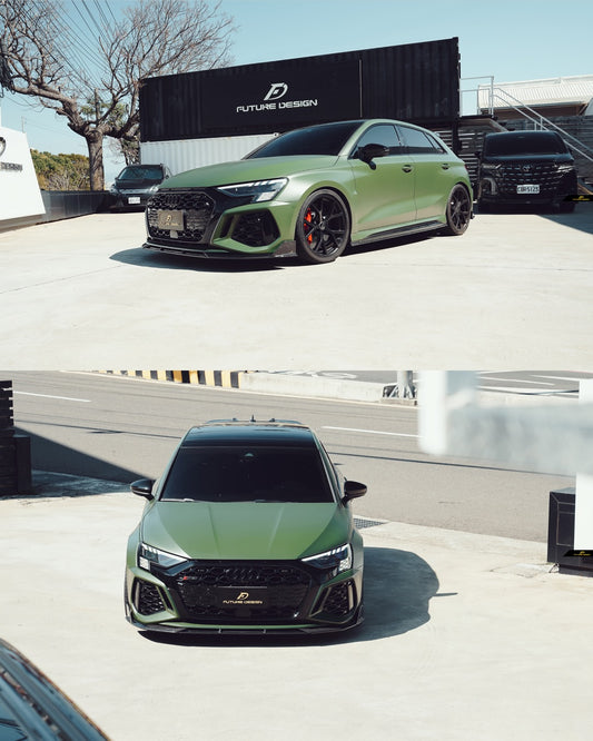 Audi RS3 8Y 2022 2023 2024 with Aftermarket Parts - V1 Front Lip Splitter Pre-preg Carbon Fiber from Future Design