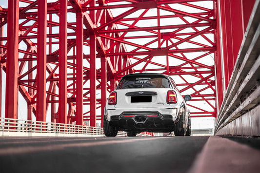 MINI Cooper JCW (John Cooper Works) S Base F56 2014 2015 2016 2017 2018 Pre-LCI & 2019 2020 2021 First LCI & 2022-ON Second LCI with Aftermarket Parts - Garbino Style Rear Bumper Carbon Fiber / FRP from G Performance