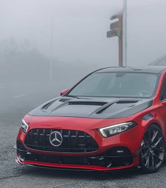 Mercedes Benz A-Class AMG A45 W177 V177 2019-ON with Aftermarket Parts - Blackseries Style Stage 1 Front Corner Splitters & Center Front Lip Carbon Fiber / FRP from Geex Village