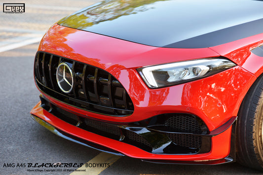 Mercedes Benz A-Class AMG A45 W177 V177 2019-ON with Aftermarket Parts - Blackseries Style Stage 1 Front Corner Splitters & Center Front Lip Carbon Fiber / FRP from Geex Village