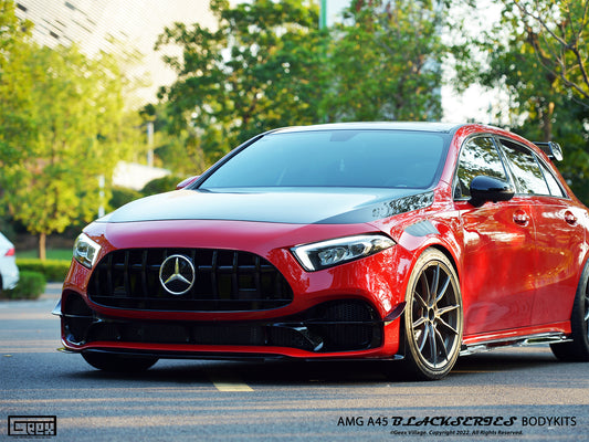 Mercedes Benz A-Class AMG A45 W177 V177 2019-ON with Aftermarket Parts - Blackseries Style Stage 1 Front Corner Splitters & Center Front Lip Carbon Fiber / FRP from Geex Village