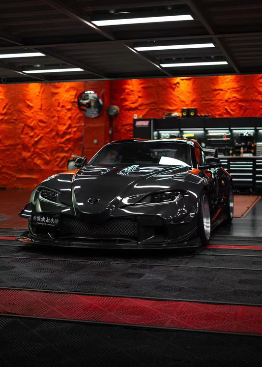 Toyota Supra MK5 A90 A91 3.0 2.0 2020-ON with Aftermarket Parts - Unicorn GT3 Clamshell Hood and Front Bumper & Steel Brackets and Cable for Clamshell Hood and Bumper Carbon Fiber/FRP/Steel from Geex Village