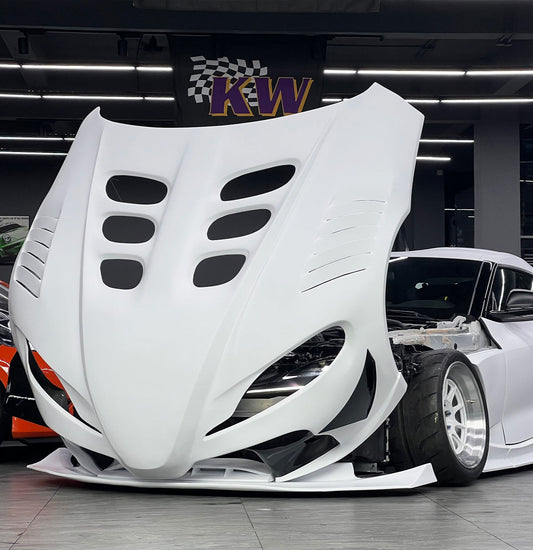 Toyota Supra MK5 A90 A91 3.0 2.0 2020-ON with Aftermarket Parts - Unicorn GT3 Clamshell Hood and Front Bumper & Steel Brackets and Cable for Clamshell Hood and Bumper Carbon Fiber/FRP/Steel from Geex Village