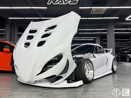 Toyota Supra MK5 A90 A91 3.0 2.0 2020-ON with Aftermarket Parts - Unicorn GT3 Clamshell Hood and Front Bumper & Steel Brackets and Cable for Clamshell Hood and Bumper Carbon Fiber/FRP/Steel from Geex Village