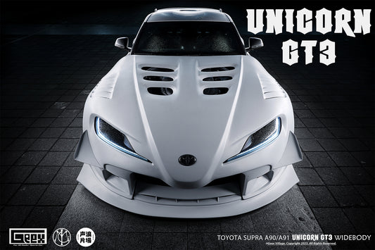 Toyota Supra MK5 A90 A91 3.0 2.0 2020-ON with Aftermarket Parts - Unicorn GT3 Clamshell Hood and Front Bumper & Steel Brackets and Cable for Clamshell Hood and Bumper Carbon Fiber/FRP/Steel from Geex Village