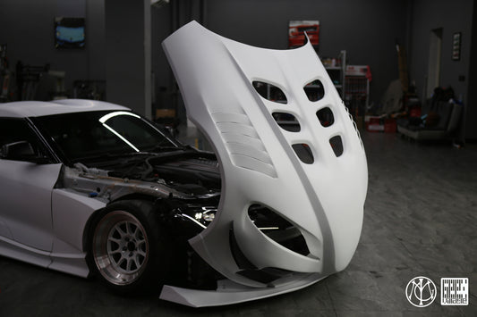Toyota Supra MK5 A90 A91 3.0 2.0 2020-ON with Aftermarket Parts - Unicorn GT3 Clamshell Hood and Front Bumper & Steel Brackets and Cable for Clamshell Hood and Bumper Carbon Fiber/FRP/Steel from Geex Village