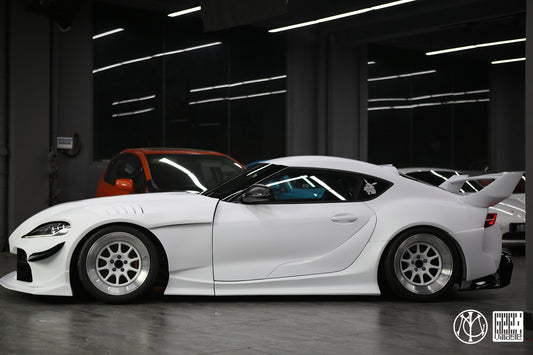 Toyota Supra MK5 A90 A91 3.0 2.0 2020-ON with Aftermarket Parts - Unicorn GT3 Widebody Fender Flares, Wheel Arches, and Side Skirts Carbon Fiber/FRP from Geex Village