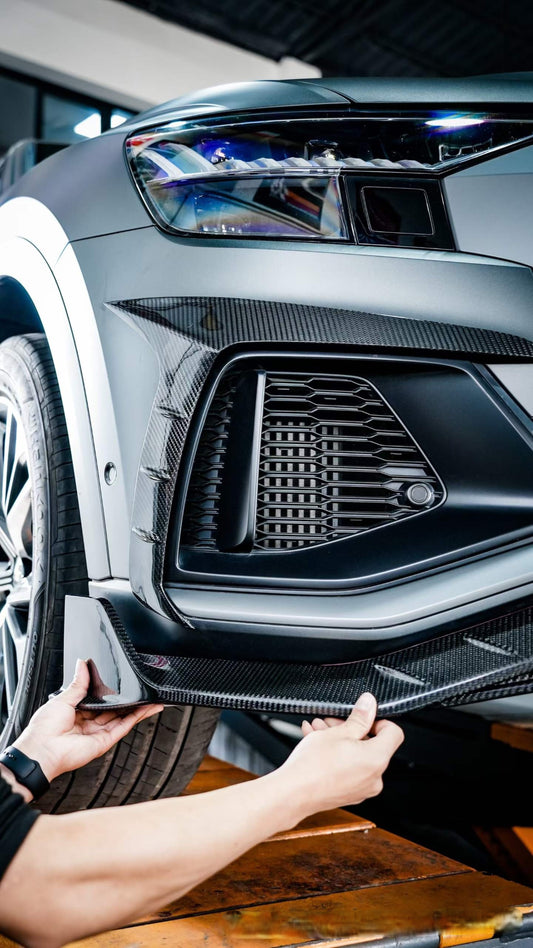 Audi SQ8 Q8 (with s-line bumper) Pre-facelift 2019 2020 2021 2022 2023 with Aftermarket Parts - Upper Valences Pre-preg Carbon Fiber from Karbel Carbon
