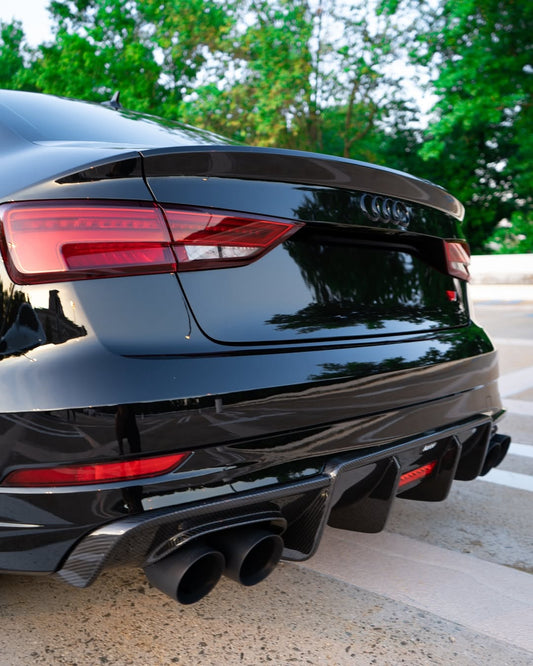 Audi S3 A3 S-line (with s-line bumper) 8V.5 2017 2018 2019 2020 With Aftermarket Parts - V2 With LED Light Style Rear Diffuser Pre-preg Carbon Fiber from Karbel Carbon