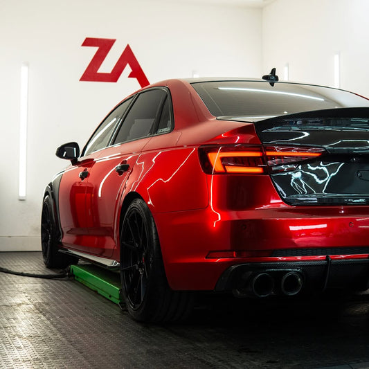 Audi S4 A4 (with S-line bumper, does not fit base model) B9 2017 2018 2019 with Aftermarket Parts - V1 (With LED Light) & V2 (Without LED Light) Style Rear Diffuser Pre-preg Carbon Fiber from Karbel Carbon