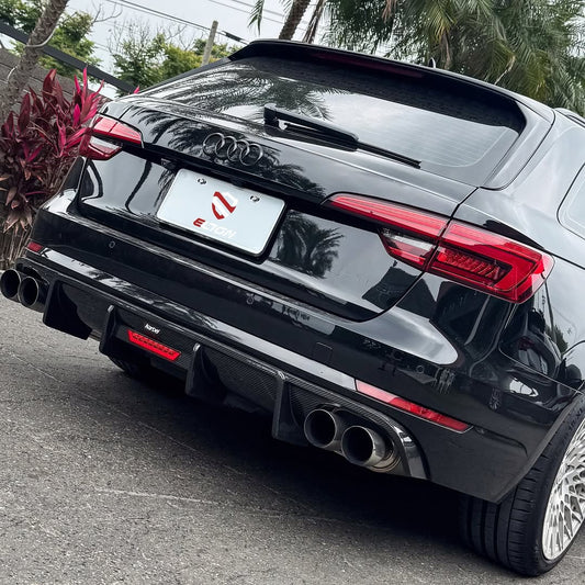 Audi S4 A4 (with S-line bumper, does not fit base model) B9 2017 2018 2019 with Aftermarket Parts - V1 (With LED Light) & V2 (Without LED Light) Style Rear Diffuser Pre-preg Carbon Fiber from Karbel Carbon