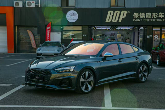 Audi S5 A5 (with s-line bumper, does not base model) B9.5 2020 2021 2022 2023 2024 with Aftermarket Parts - V2 Style Front Lip Pre-preg Carbon Fiber from Karbel Carbon