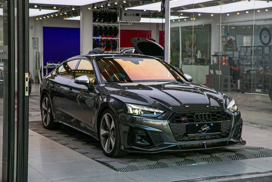 Audi S5 A5 (with s-line bumper, does not base model) B9.5 2020 2021 2022 2023 2024 with Aftermarket Parts - V2 Style Front Lip Pre-preg Carbon Fiber from Karbel Carbon