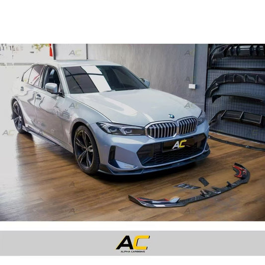 BMW 3 Series 330i (with M-package bumper, does not fit base model) M340i G20 G21 LCI 2023 2024 with Aftermarket Parts - V2 Style Front Lip Pre-preg Carbon Fiber from Karbel Carbon