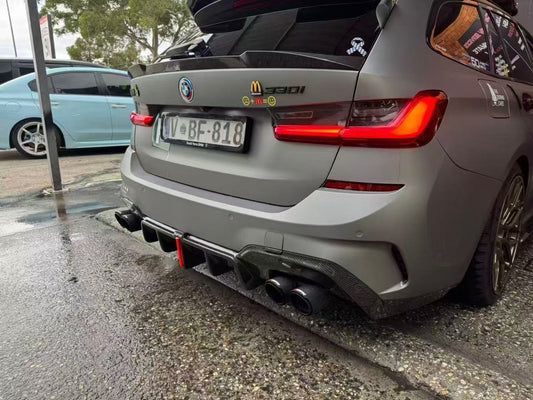 BMW 3 Series 330i (with M-package bumper, does not fit base model) M340i G20 G21 Pre-LCI 2019 2020 2021 2022 with Aftermarket Parts - Rear Diffuser & Canards Pre-preg Carbon Fiber from Karbel Carbon