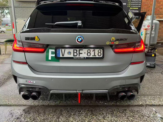 BMW 3 Series 330i (with M-package bumper, does not fit base model) M340i G20 G21 Pre-LCI 2019 2020 2021 2022 with Aftermarket Parts - Rear Diffuser & Canards Pre-preg Carbon Fiber from Karbel Carbon