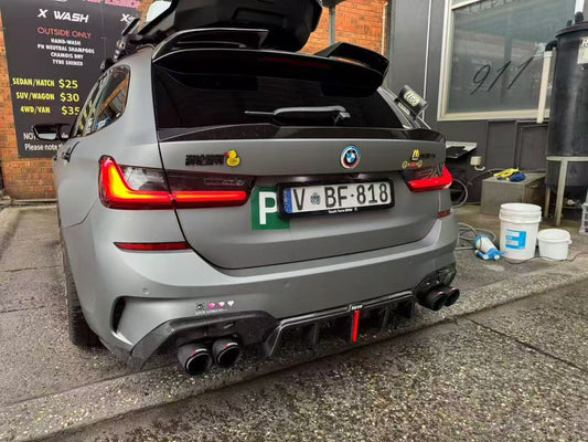 BMW 3 Series 330i (with M-package bumper, does not fit base model) M340i G20 G21 Pre-LCI 2019 2020 2021 2022 with Aftermarket Parts - Rear Diffuser & Canards Pre-preg Carbon Fiber from Karbel Carbon