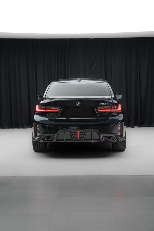 BMW 3 Series 330i (with M-package bumper, does not fit base model) M340i G20 G21 LCI 2023 2024 with Aftermarket Parts - V2 Style Diffuser & Canards Pre-preg Carbon Fiber from Karbel Carbon