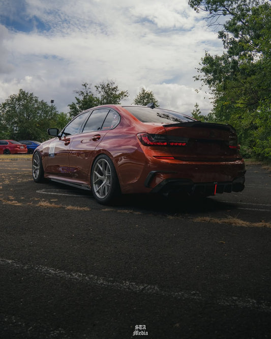 BMW 3 Series 330i (with M-package bumper, does not fit base model) M340i G20 G21 Pre-LCI 2019 2020 2021 2022 with Aftermarket Parts - Rear Diffuser & Canards Pre-preg Carbon Fiber from Karbel Carbon