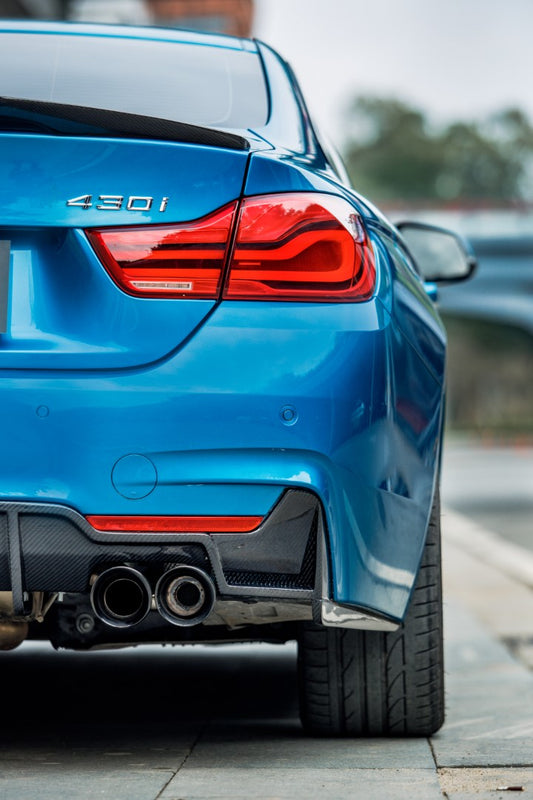 BMW 4 Series 430 440 (with M-Package bumper, does not fit base model) F32 / F33 2017 2018 2019 2020 with Aftermarket Parts - Rear Diffuser & Canards Dry Pre-preg Carbon Fiber from Karbel Carbon