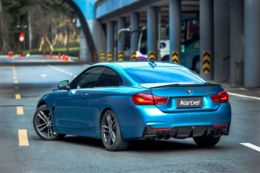 BMW 4 Series 430 440 (with M-Package bumper, does not fit base model) F32 / F33 2017 2018 2019 2020 with Aftermarket Parts - Rear Diffuser & Canards Dry Pre-preg Carbon Fiber from Karbel Carbon
