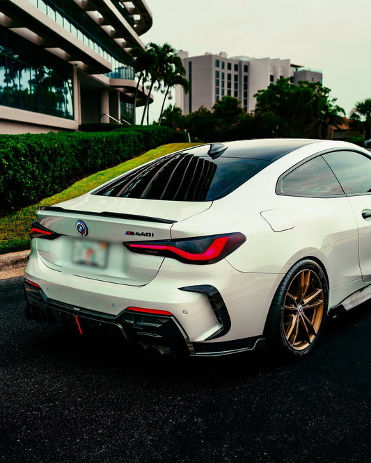 BMW 4 series 430i (with M-package bumper, does not fit base model) M440i G22 G23 2020-ON with Aftermarket Parts - Rear Bumper Canards Pre-preg Carbon Fiber from Karbel Carbon