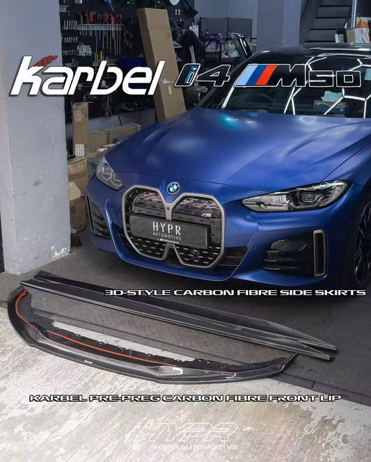 BMW I4 M50 / e Drive 40 (with M-package bumper, does not fit base model) G26 2022-ON & 4 Series Gran Coupe M440i 430i (with M-package bumper, does not fit base model) G26 2022-ON with Aftermarket Parts - Front Lip Pre-preg Carbon Fiber from Karbel Carbon