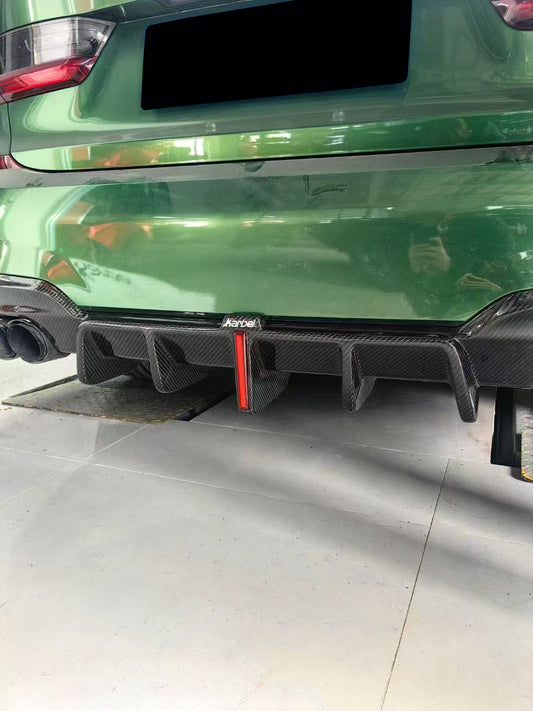 BMW 3 Series 330i (with M-package bumper, does not fit base model) M340i G20 G21 Pre-LCI 2019-2022 with Aftermarket Parts - Rear Diffuser & Canards Pre-preg Carbon Fiber from Karbel Carbon