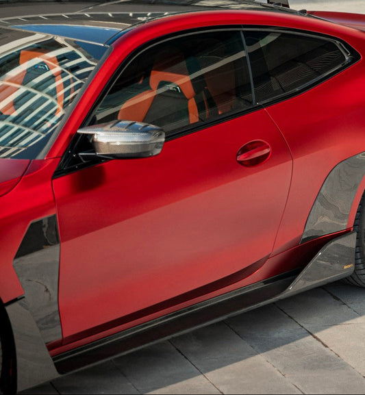 BMW M4 G82 G83 2021-ON with Aftermarket Parts - X Side Skirts Dry Pre-preg Carbon Fiber from Karbel Carbon