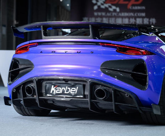 Lotus Emira 3.6 V6 2.0 Four-cylinder 2022-ON with Aftermarket Parts - Pre-preg Carbon Fiber Rear Diffuser & Canards from Karbel Carbon
