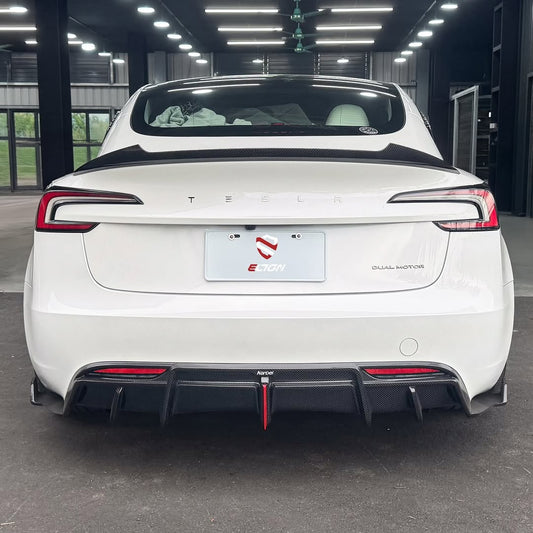 Tesla Model 3 Highland / Performance 2024-ON with Aftermarket Parts - With Light Style Rear Diffuser & Canards Dry Pre-preg Carbon Fiber/FRP from Karbel Carbon