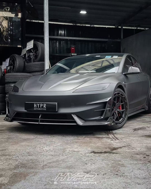 Tesla Model 3 Highland Performance 2024-ON with Aftermarket Parts - Front Canards & Upper Valences Pre-preg Carbon Fiber/FRP from Karbel Carbon