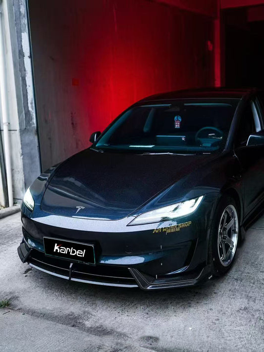 Tesla Model 3 Highland Performance 2024-ON with Aftermarket Parts - Front Lip Pre-preg Carbon Fiber/FRP from Karbel Carbon