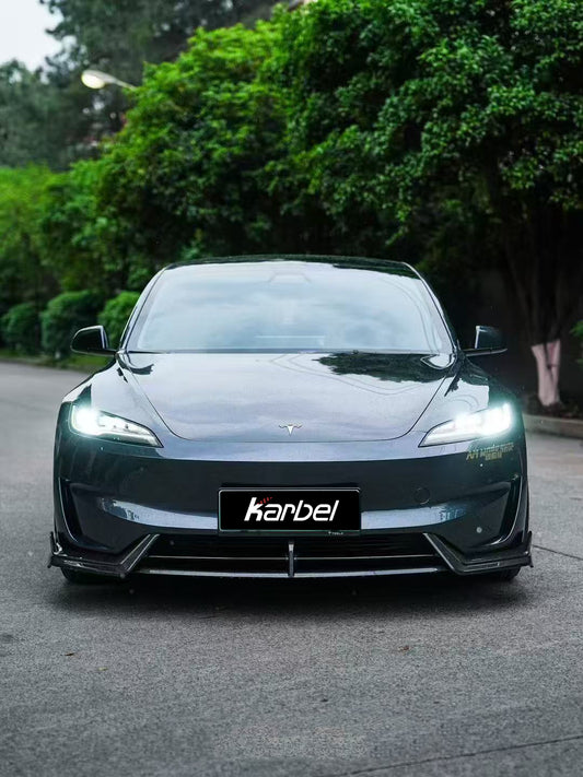 Tesla Model 3 Highland Performance 2024-ON with Aftermarket Parts - Front Lip Pre-preg Carbon Fiber/FRP from Karbel Carbon