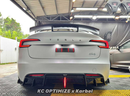 Tesla Model 3 Highland / Performance 2024-ON with Aftermarket Parts - With Light Style Rear Diffuser & Canards Dry Pre-preg Carbon Fiber/FRP from Karbel Carbon