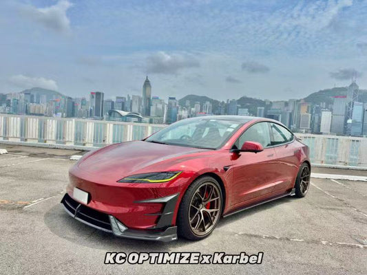 Tesla Model 3 Highland Performance 2024-ON with Aftermarket Parts - Front Canards & Upper Valences Pre-preg Carbon Fiber/FRP from Karbel Carbon